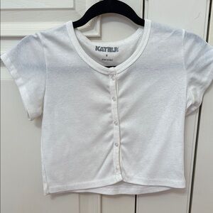 Katie J NYC White Button-Up Top- cropped with capped sleeves